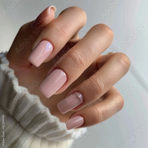 Closeup to woman hands with elegant neutral colors manicure.  