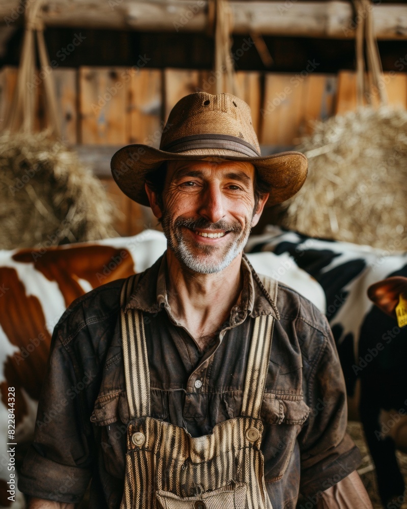 Fototapeta premium Farmer’s Joy in a Rustic Dairy Barn: Mature Male Dairy Farmer Proudly Smiling with His Cows in a Warm, Sunny Barn