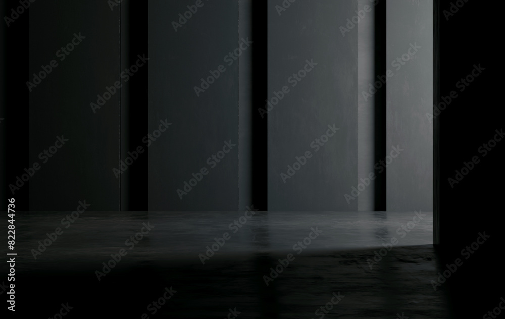 minimalist dark abstract interior design with geometric patterns and sleek textures. Perfect for contemporary spaces. 3D illustration minimalist dark abstract interior design with geometric patterns and sleek textures. Perfect for contemporary spaces. 3D illustration
