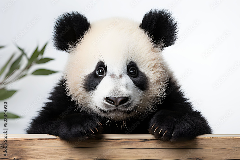 Fototapeta premium White black Panda hold on brown wooden plank. Rare and endangered black and white bear. A playful happy panda. Realistic animal clipart template. Leaf-eating animal. especially bamboo and leaves.