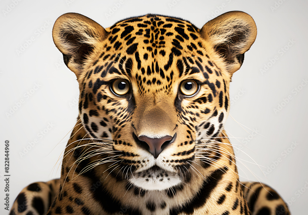 Obraz premium Head of Jaguar pattern black and white yellow polka dots on white background. Realistic animal clipart template pattern. Jaguar looking and walking in search of food. aguar, Panther, front view.