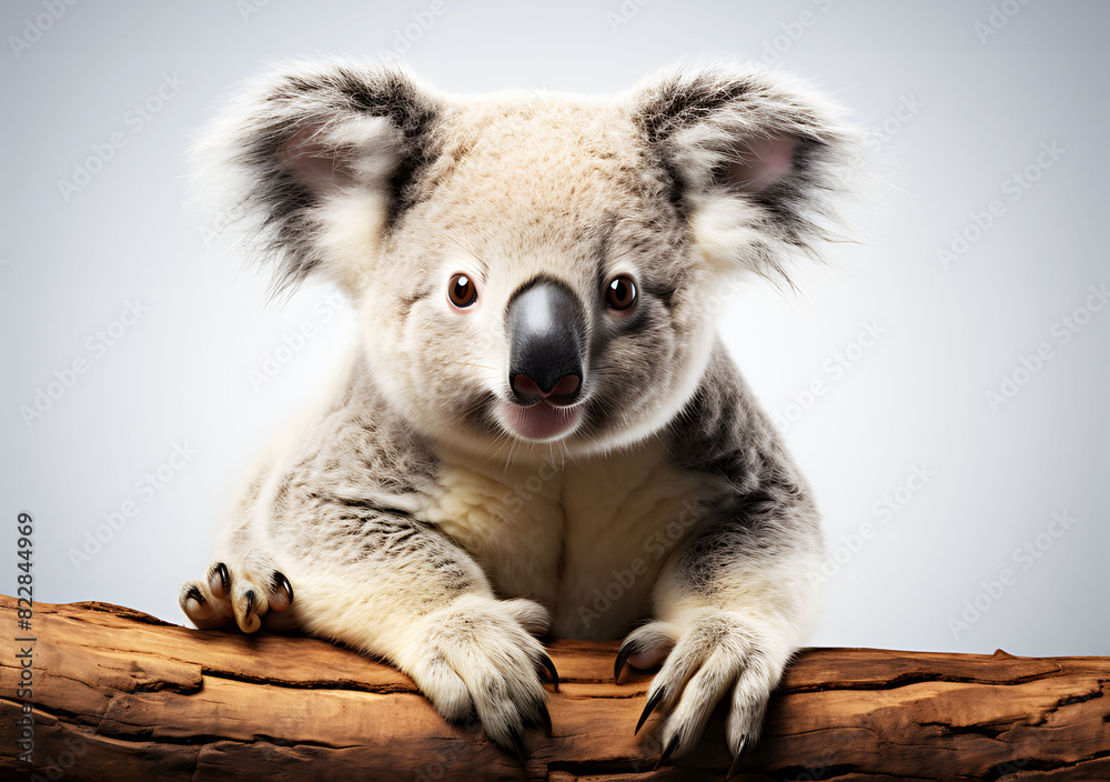 Obraz premium Front of Grey koala bear or tree bear on brown branch on white background. Realistic animal clipart template. It is a marsupial mammal eat eucalyptus leaves as food live in Australia.
