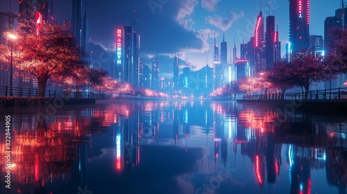 A futuristic cityscape at night with neon lights and towering skyscrapers  reflected in the smooth surface of a serene river. 32k  full ultra hd  high resolution