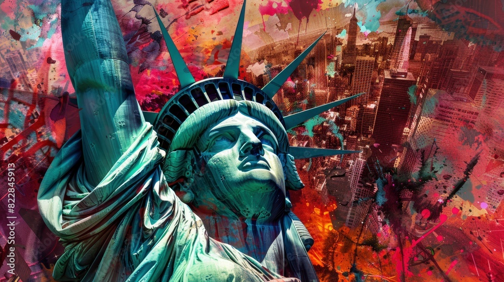 Obraz premium American Liberty, US freedom, fantastical illustrations painted with vivid colors, contemporary digital portrait photography, VFX