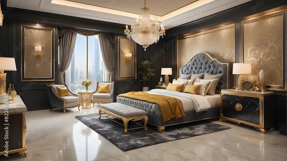 Royal luxury bedroom interior design, modern oyster and golden interior ...