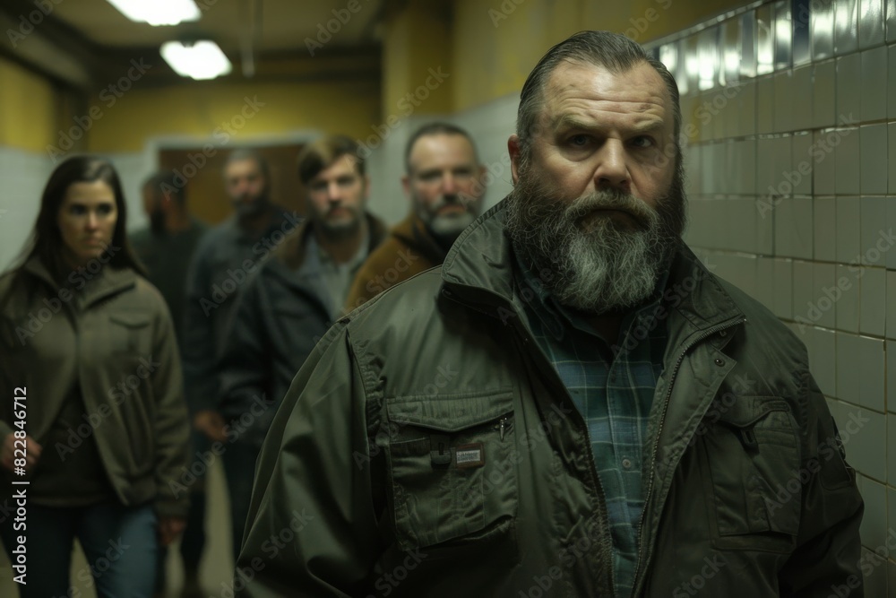 Portrait of a man with a long beard in a prison corridor Portrait of a man with a long beard in a prison corridor