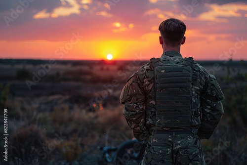 A soldier in uniform stands in an open field watching a vibrant sunset, symbolizing peace, reflection, and the quiet moments in military life.