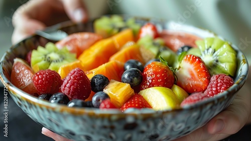 A vibrant bowl of mixed fresh fruits including kiwi  strawberry  blueberry  raspberry  and melon for a healthy snack.