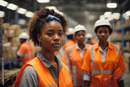 African industrial worker woman in warehouse stock checking and control logistics delivery business photo