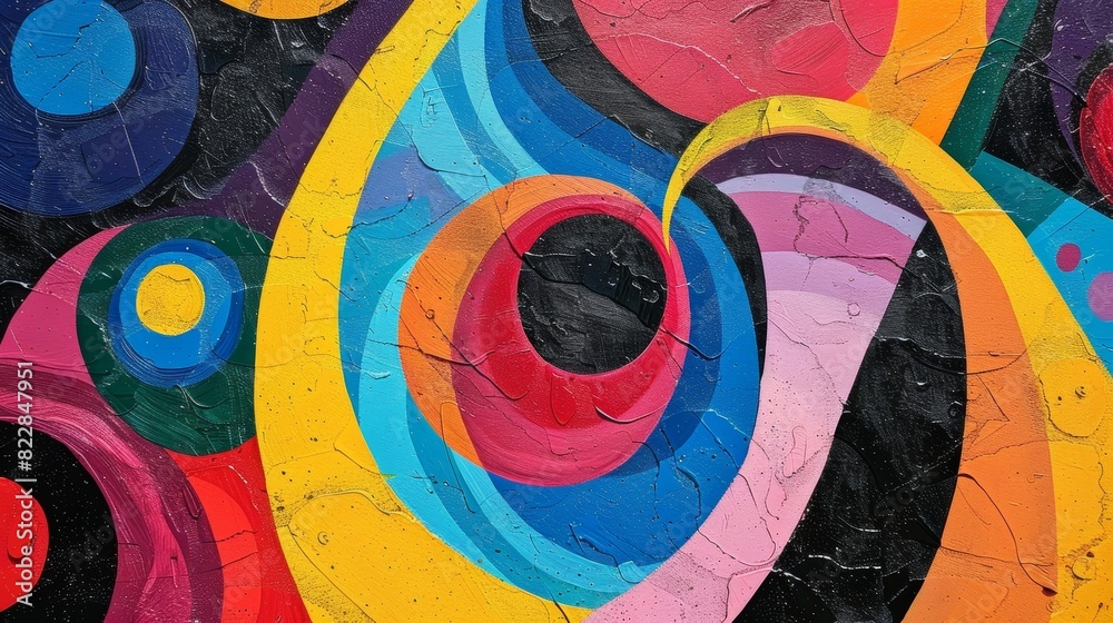 Fototapeta premium The first piece in the Gluon Gallery is a colorful abstract painting with bold swirls resembling the paths of gluons.