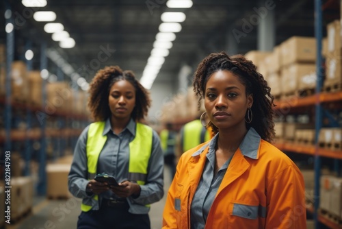 African industrial worker woman in warehouse stock checking and control logistics delivery business photo