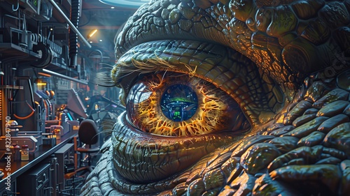 Close-up of a futuristic, detailed, glowing reptilian eye with intricate patterns, reflecting a mechanical and industrial environment.