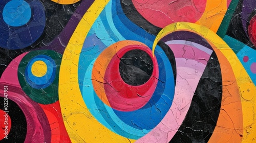 The first piece in the Gluon Gallery is a colorful abstract painting with bold swirls resembling the paths of gluons.