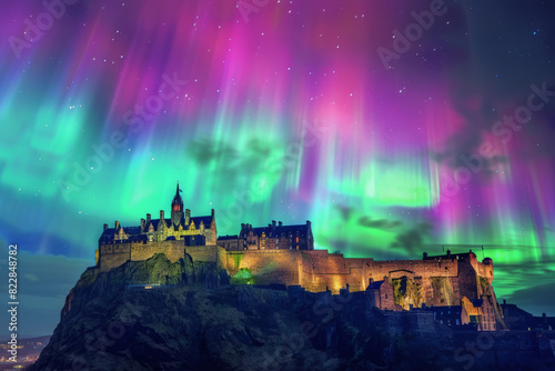 northern lights, Aurora Borealis seen over edinburgh castle landmark in scotland photo