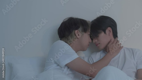 Asian attractive male LQBTQ starting foreplay and making love at home. 