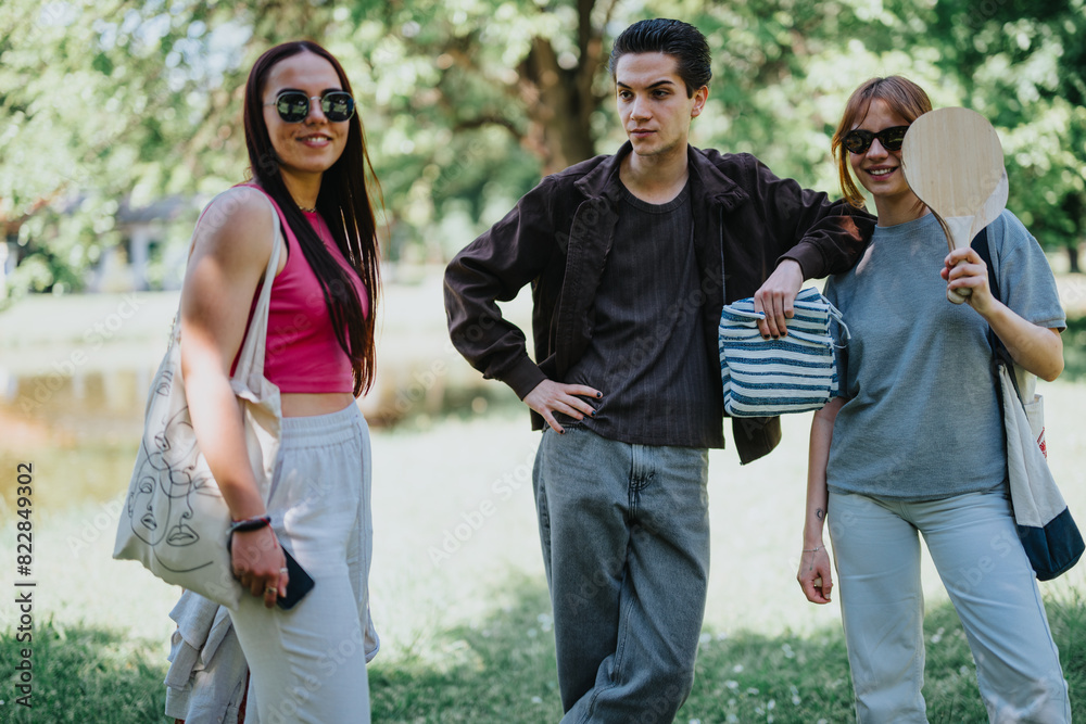 A group of three young adults posing with sports gear in a lush green park, reflecting a joyful outdoor gathering.