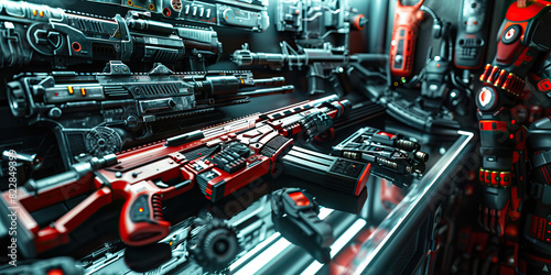 Reimagined Cyberpunk Armory: A vibrant array of futuristic gadgets and protective gear weapons photo