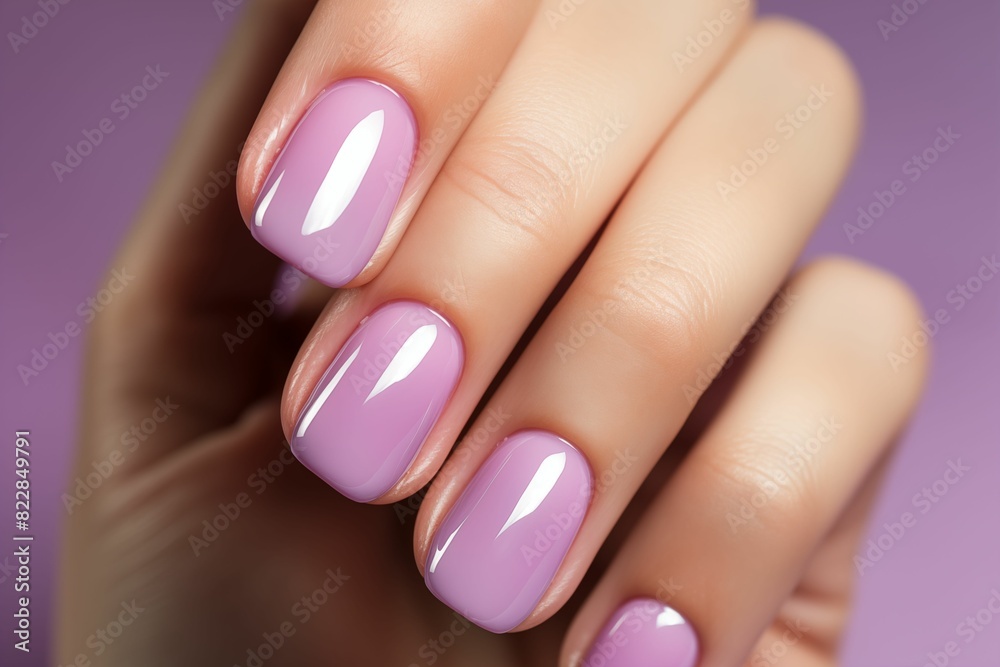 Close shot of purple nail manicure isolated on purple background. Generative AI Close shot of purple nail manicure isolated on purple background. Generative AI