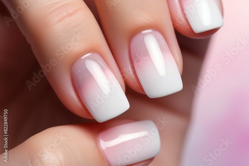 Beautiful female hand with light pink and white gradient manicure, closeup of long square nails. Generative AI