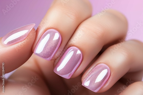 Close shot of purple nail manicure isolated on purple background. Generative AI
