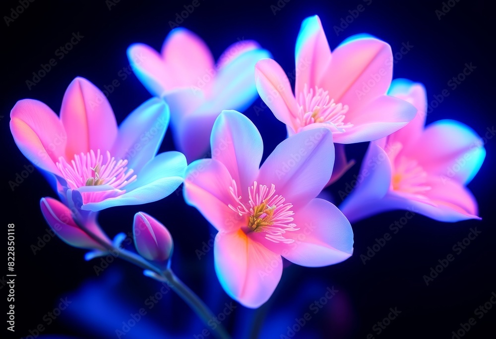 view freesia top olated neon blue white background pink blooming flowers light black view freesia top olated neon blue white background pink blooming flowers light black