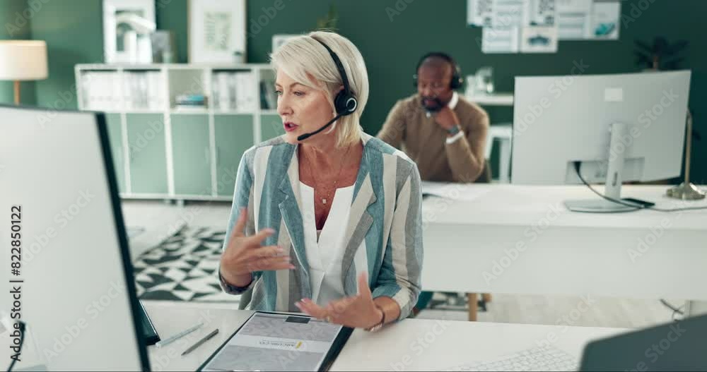 Call center, laptop or mature woman consulting for tech support or speaking in telemarketing in headset. Broker, financial advisor or consultant talking in telecom sales for loan advice or business Call center, laptop or mature woman consulting for tech support or speaking in telemarketing in headset. Broker, financial advisor or consultant talking in telecom sales for loan advice or business