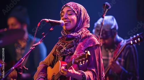 a female singer wearing a hijab accompanied by a guitar and drum band at a performance