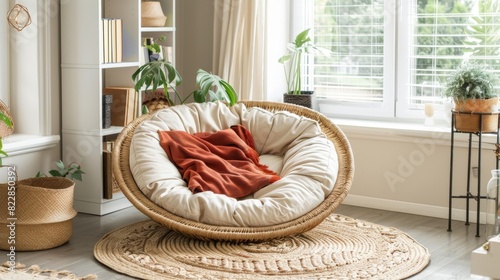 A charming reading corner featuring a comfortable papasan chair a woven rug and a bookshelf showcasing beloved titles. photo