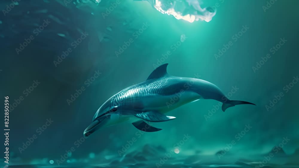 Dolphin Swimming Underwater in Sunlight with Ai generated.
