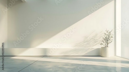 A photorealistic close-up of a minimalist modern living room interior with a large empty wall bathed in soft natural light