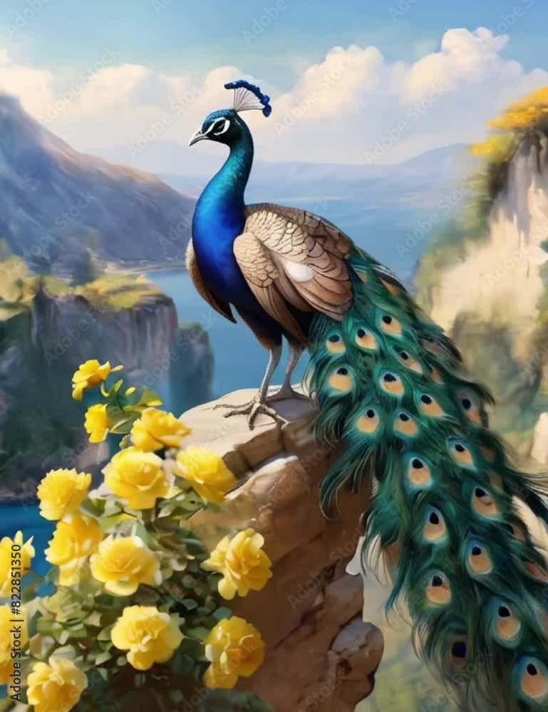 The slow movement of a beautiful peacock standing on a rocky cliff. Ai generate-4K The slow movement of a beautiful peacock standing on a rocky cliff. Ai generate-4K