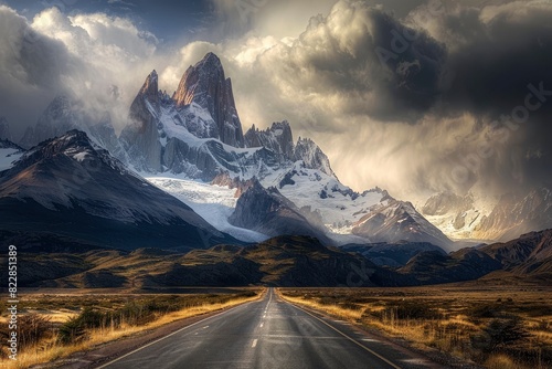 Road to el chalten, beautiful fitz roy, cerro torre, dramatic sky sunlight, and cloud - generative ai photo