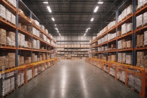 Distribution warehouse with shelves containing packages to be shipped