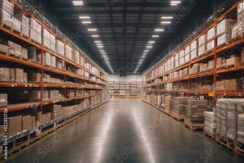 Distribution warehouse with shelves containing packages to be shipped