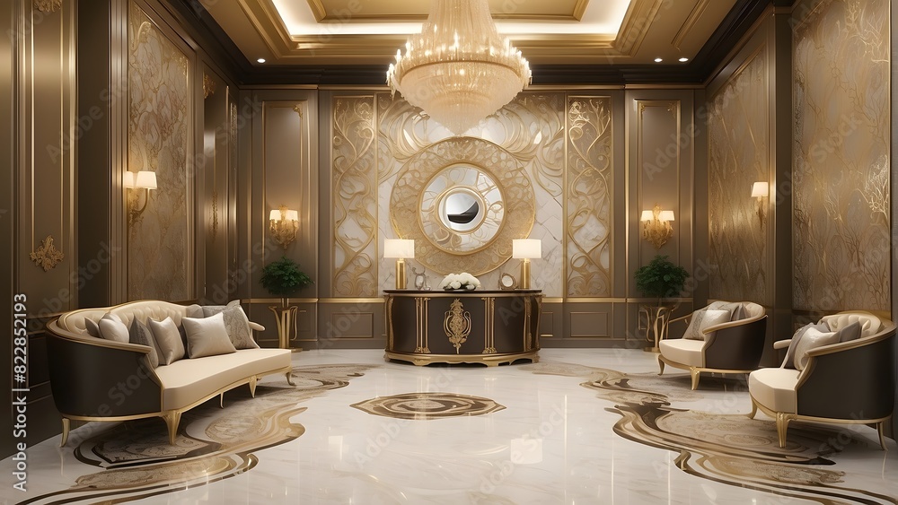 Royal luxury living room interior design, modern latte and golden