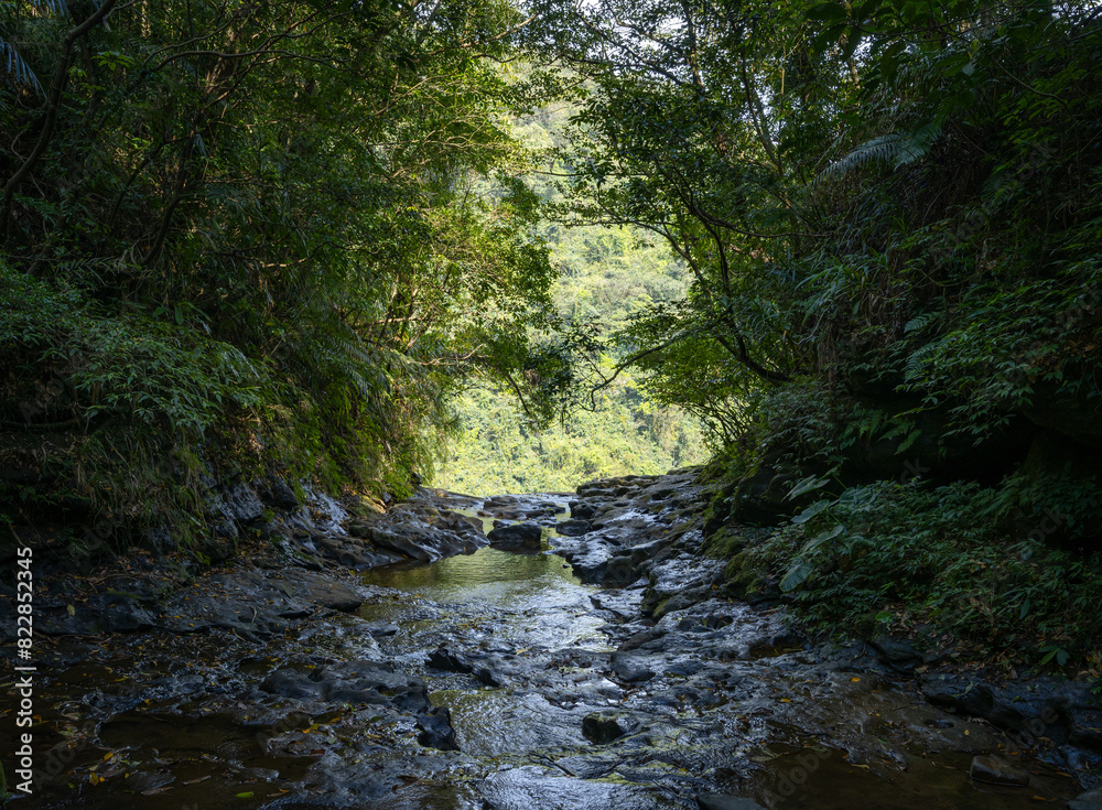 view from waterfall top, sunshine go through the forest on the river, in New Taipei City, Taiwan. view from waterfall top, sunshine go through the forest on the river, in New Taipei City, Taiwan.