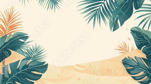 A serene beach scene with palm trees, sand and blue sky in the backdrop.