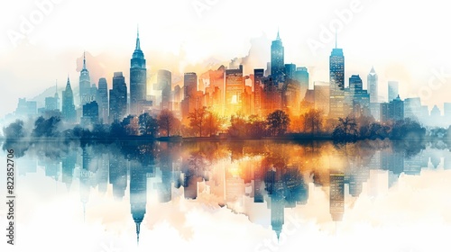 a watercolor painting of a city skyline with a lake