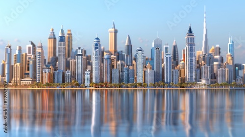 a city skyline with a body of water in front of it
