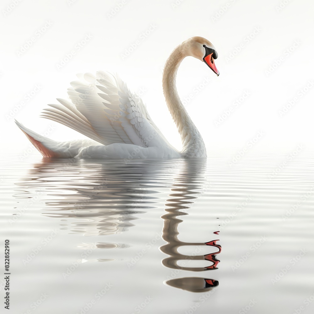 Fototapeta premium a white swan with a red beak floating in the water