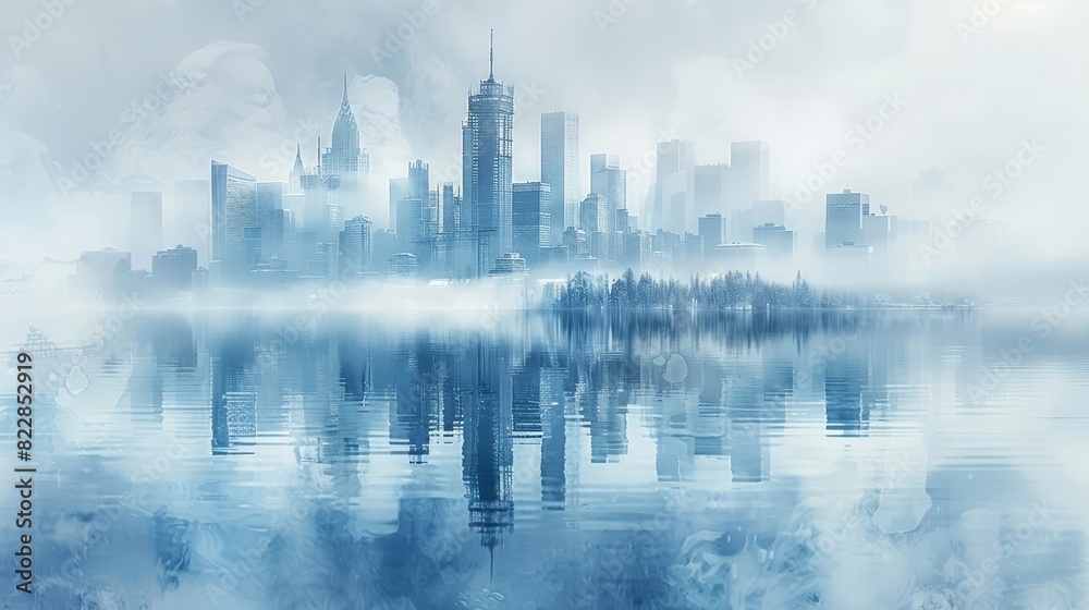 a city skyline with a foggy lake in the foreground