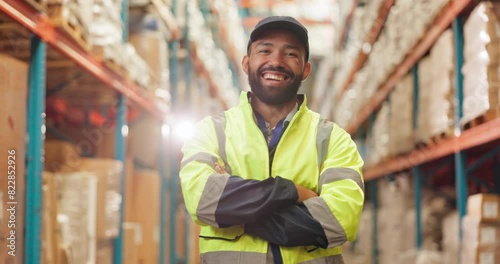 Logistics, man and face in warehouse with confidence, smile and safety jacket in supply chain or freight. Male person, industry and quality control in packaging, shipping or stock in trade or export photo