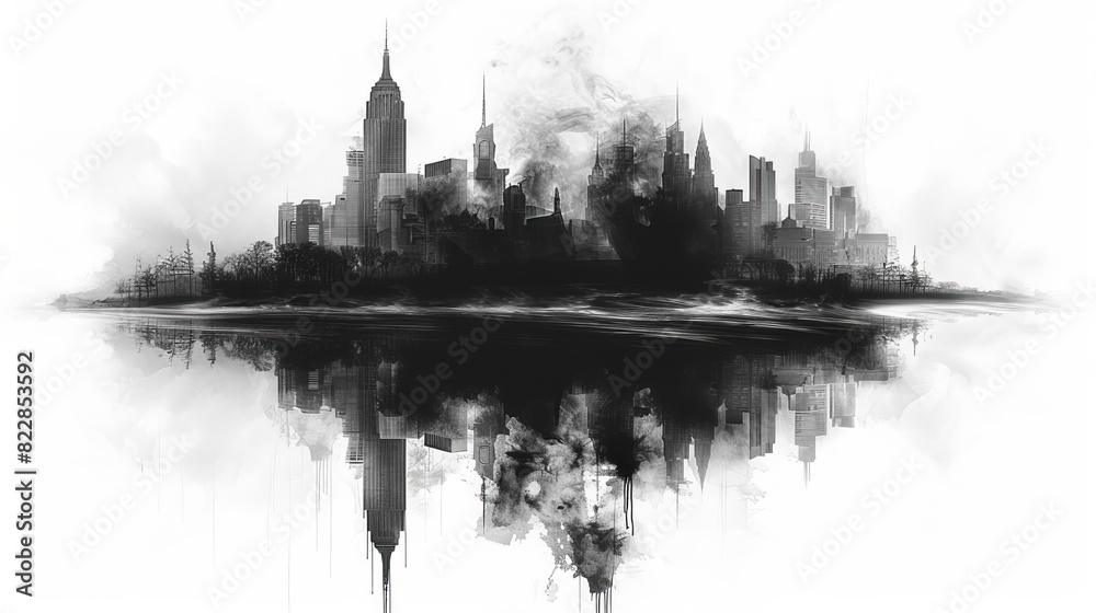 a black and white photo of a city skyline with smoke coming out of it