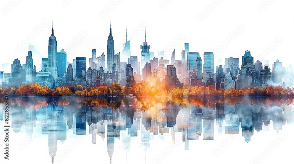 a city skyline with a reflection in the water