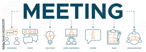 Meeting banner web icon illustration for business meeting and discussion with communications, topics, solutions, plan and inform