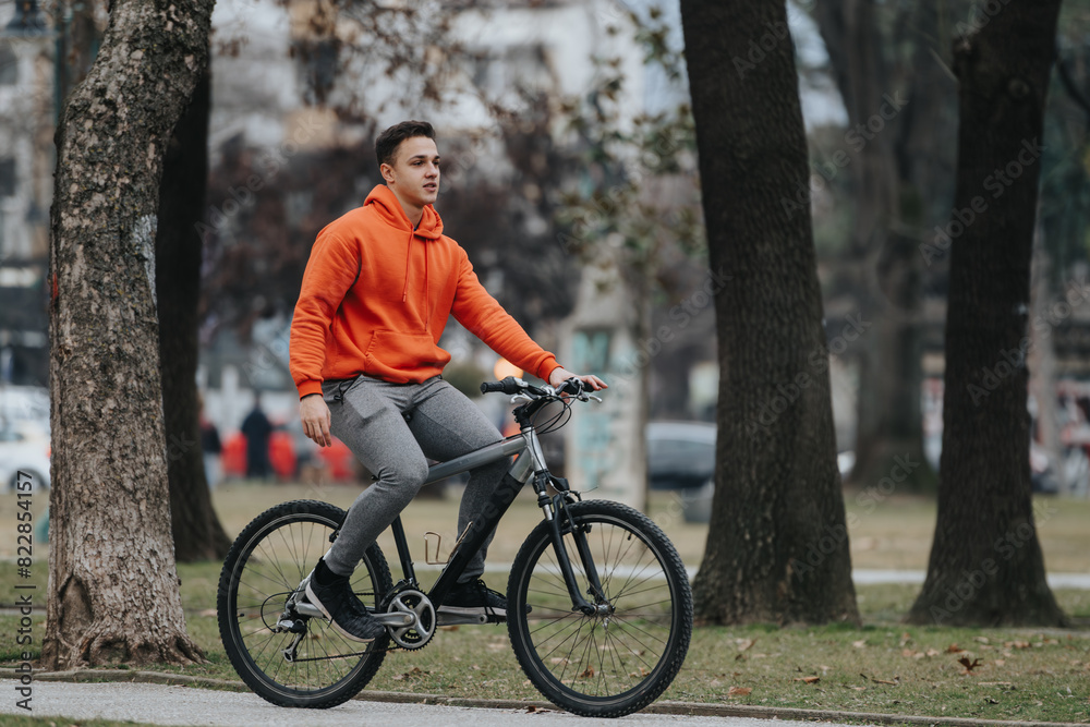 Casually dressed young man riding a bicycle in a tranquil urban park, surrounded by trees on a clouded day. Casually dressed young man riding a bicycle in a tranquil urban park, surrounded by trees on a clouded day.