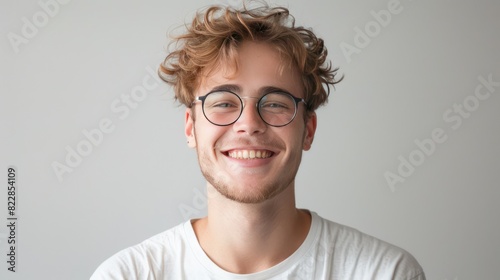 Close up view of a teenage boy with curly hair, isolated on a plain gray background. White shirt and glasses.