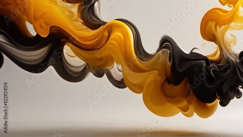 black/yellow smoke-shaped lumps of liquid on a white background