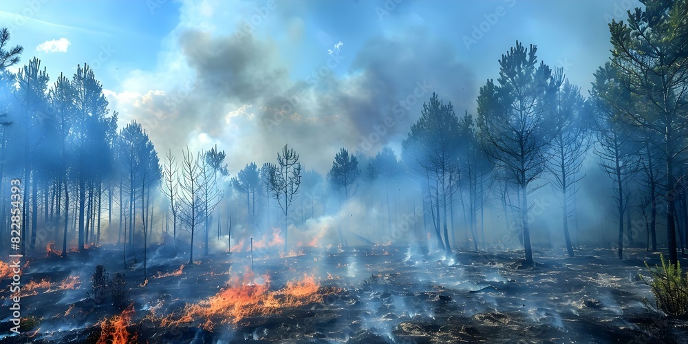 Wildfire devastates pine forests during dry season as part of global crisis. Concept Wildfire Prevention, Forest Management, Climate Change, Global Crisis, Environmental Impact