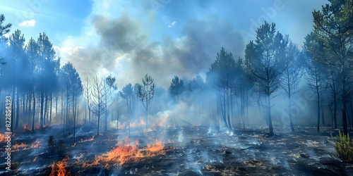 Wildfire devastates pine forests during dry season as part of global crisis. Concept Wildfire Prevention, Forest Management, Climate Change, Global Crisis, Environmental Impact photo